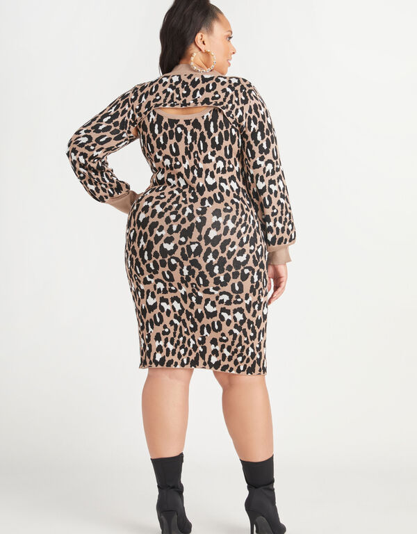 Layered Leopard Sweater Dress, Black Animal image number 1