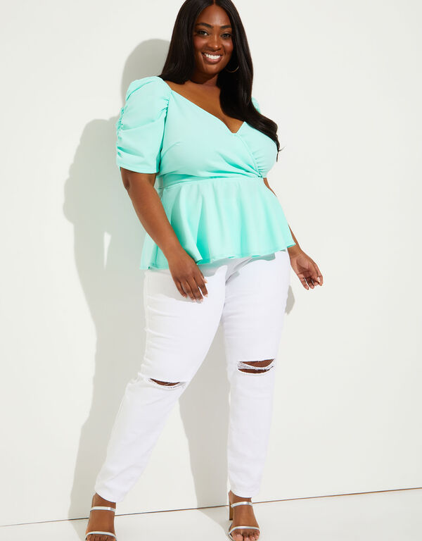 Ruched Crepe Peplum Top, Ice Green image number 0