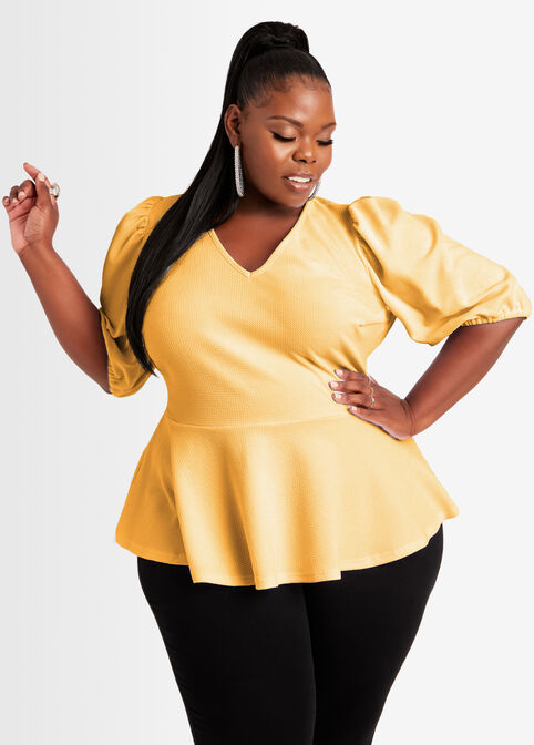 The City Short Sleeve Peplum Top, Nugget Gold image number 0