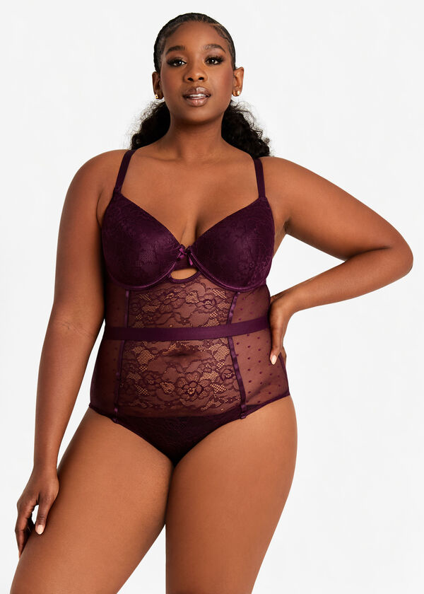 Lace Push Up Lingerie Bodysuit, Purple image number 0