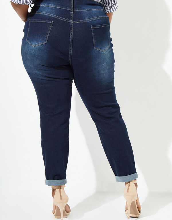 Cuffed Distressed High Rise Jeans, Dk Rinse image number 1