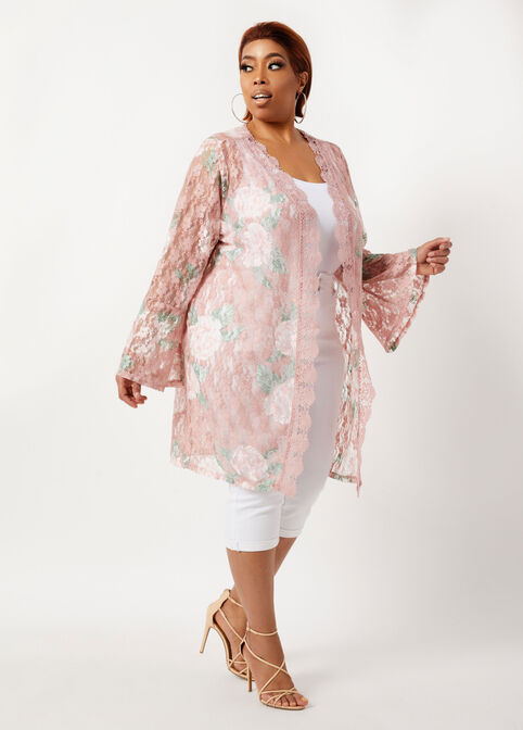 Plus Size Floral Lace Flare Sleeve Open Front Sexy Kimono Cardigans image number 0