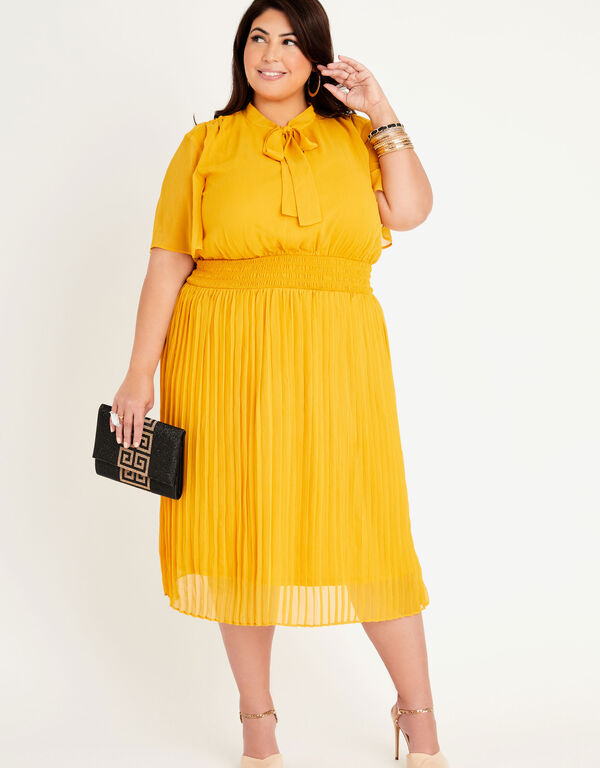 Pleated Tie Neck Midi Dress, Nugget Gold image number 0
