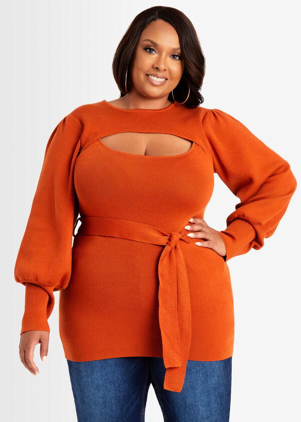 Plus Size Cozy Chic Knit Belted Cutout Balloon Sleeve Sweater image number 0
