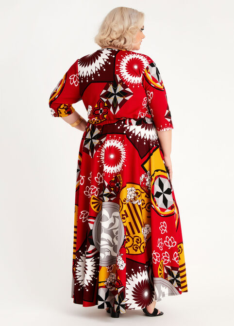 Geo Floral Wrap Maxi Dress, Chili Pepper image number 1