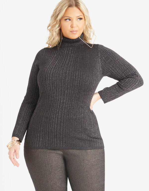 Lurex Ribbed Turtleneck Sweater, Black image number 0