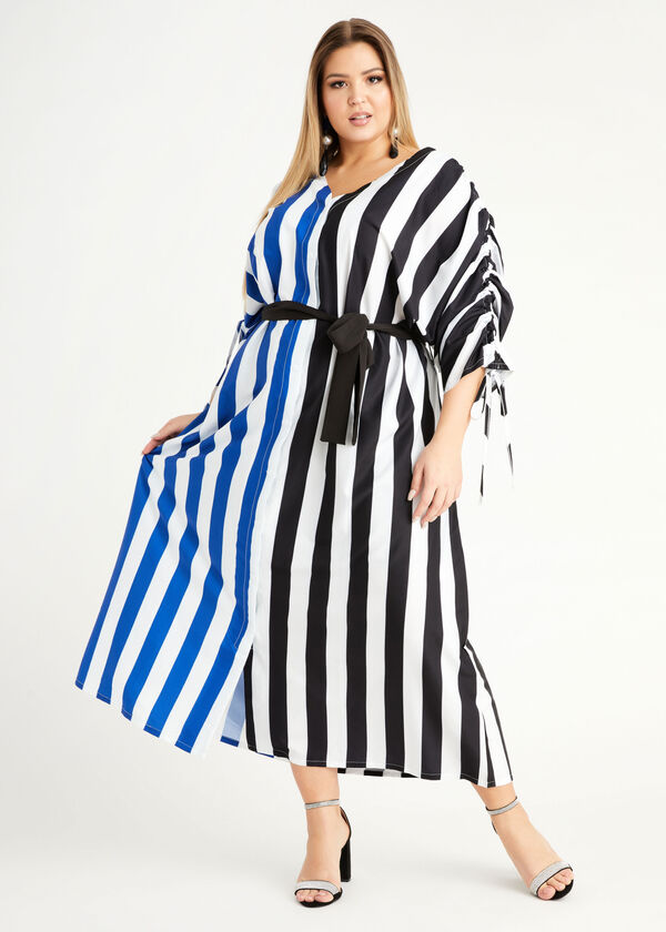 Plus Size Trendy Belted Colorblock Stripe Button Up Maxi Shirt Dress