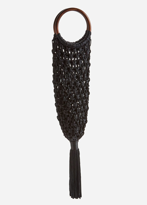 Crochet Fringe Ring Top Handle Bag, Black image number 0