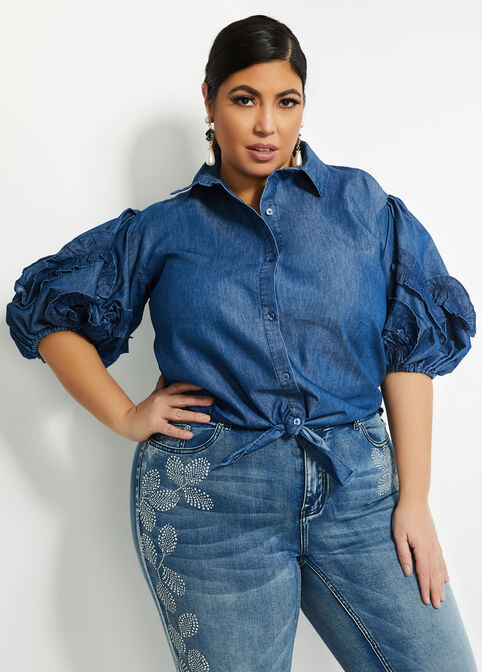 Ruffle Trim Chambray Tie Front Top, Blue image number 2