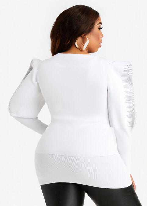 Studded Puff Sleeve Sweater, White image number 1