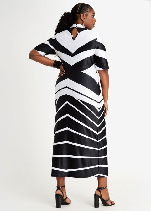 Chevron Mock Neck Maxi Dress, Black White image number 1