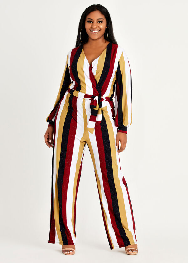 Plus Size Belted Shimmer Stripe Wide Leg Sleeve Wrap Knit Jumpsuit