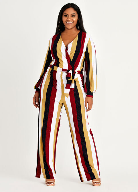 Belted Shimmer Stripe Jumpsuit, Multi image number 0