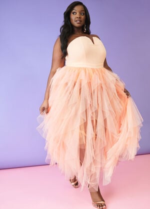 Strapless Tiered Tulle Gown, Orange image number 0