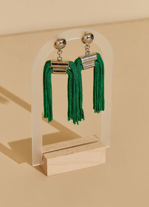 Tasseled Silver Tone Earrings, Abundant Green image number 1