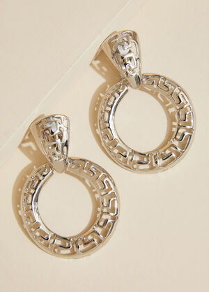 Greek Key Hoop Clip On Earrings, Silver image number 0