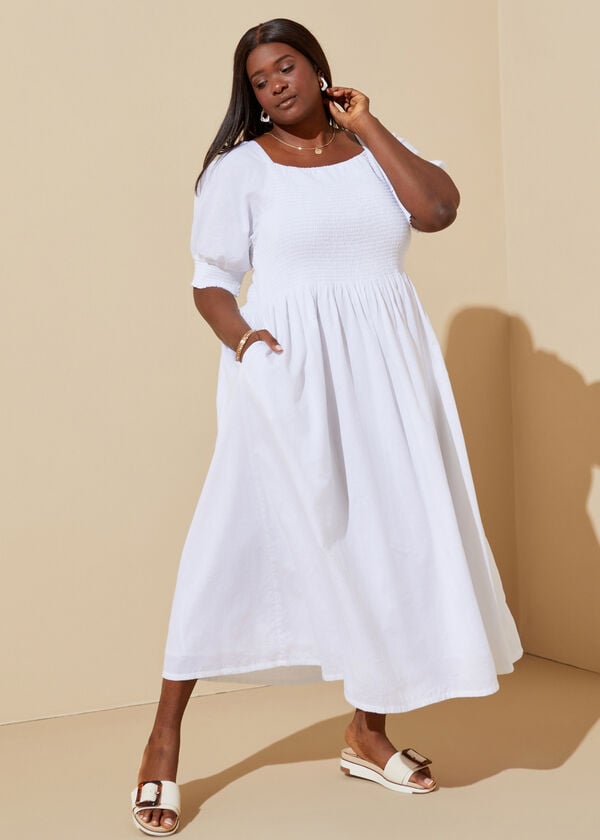 Shirred Linen Blend Maxi Dress, White image number 0