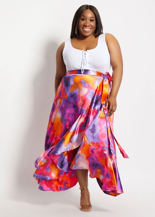 Plus Size Belted High Rise Watercolor Wrap Hi Low Maxi Summer Skirts