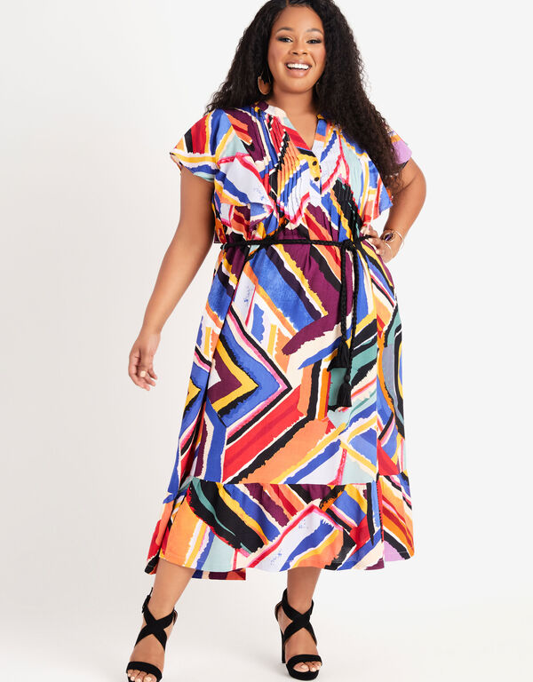 Abstract Print Belted Maxi Dress, Multi image number 0