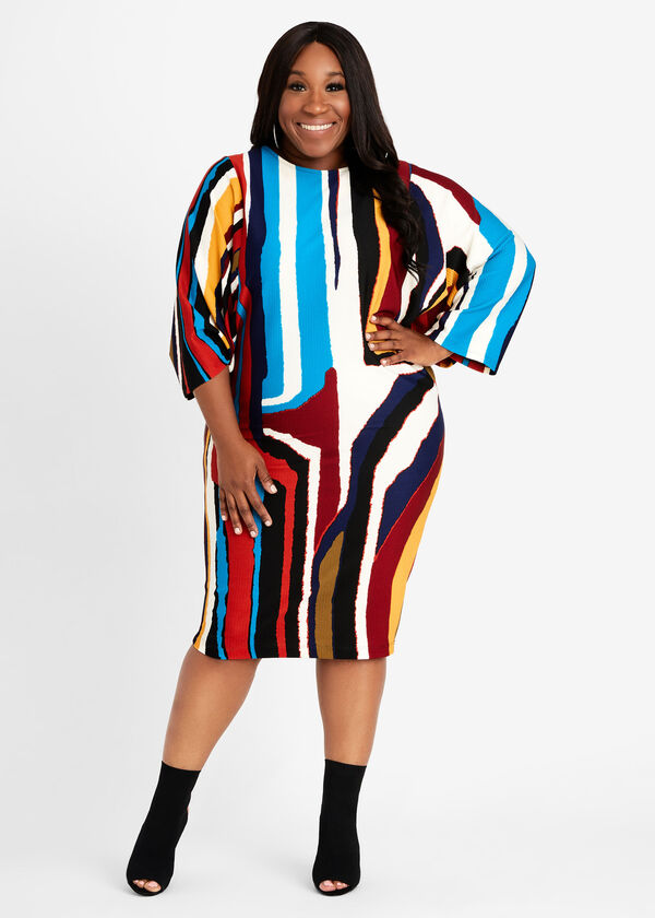 Plus Size Abstract Batwing Sleeves Pique Knit Bodycon Midi Dress