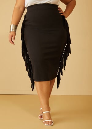 Fringed Scuba Midi Skirt, Black image number 0