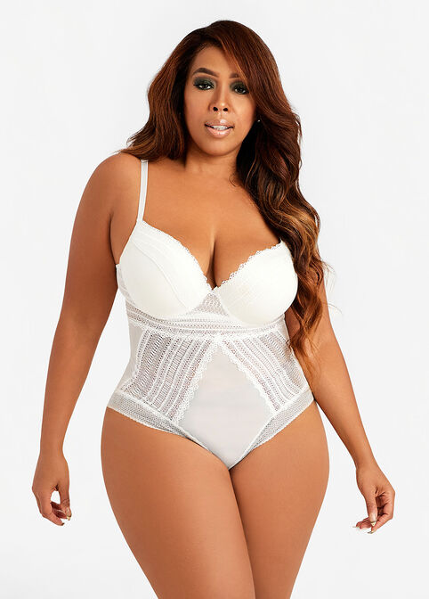 Mesh Cutout Lingerie Bodysuit, White image number 0