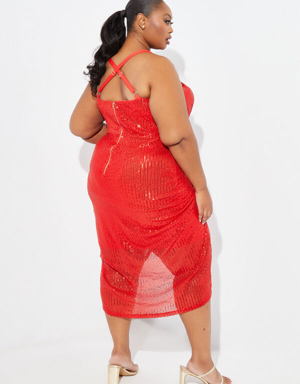 Sequined Draped Midi Dress, Red image number 1