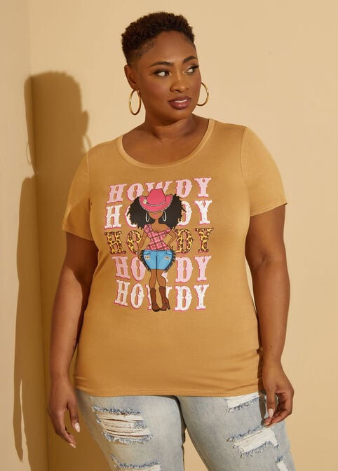 Howdy Glittered Graphic Tee, Iced Coffee image number 0