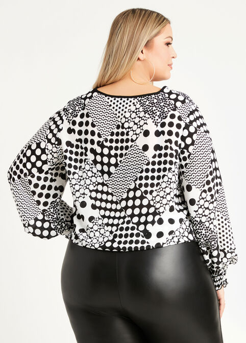 Dot Tie Front Button Up Blouse, Black White image number 1