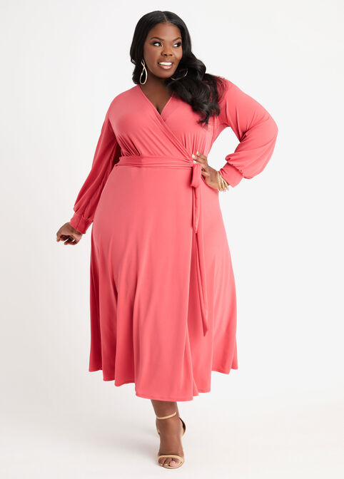 Tall Belted Wrap Knit Maxi Dress, Coral image number 0