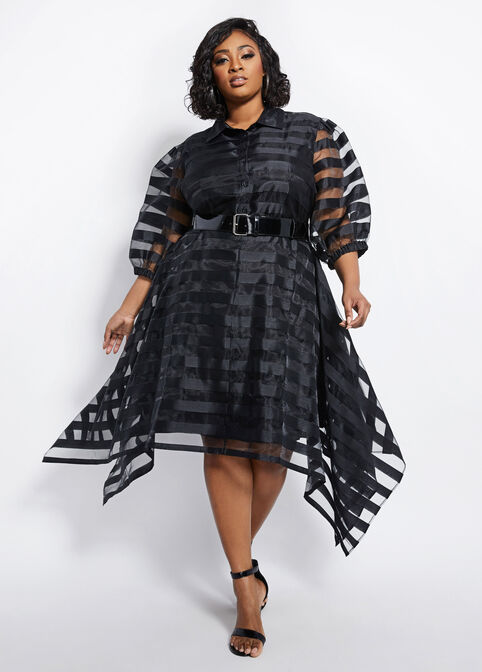 Belted Organza Stripe ALine Dress, Black image number 0