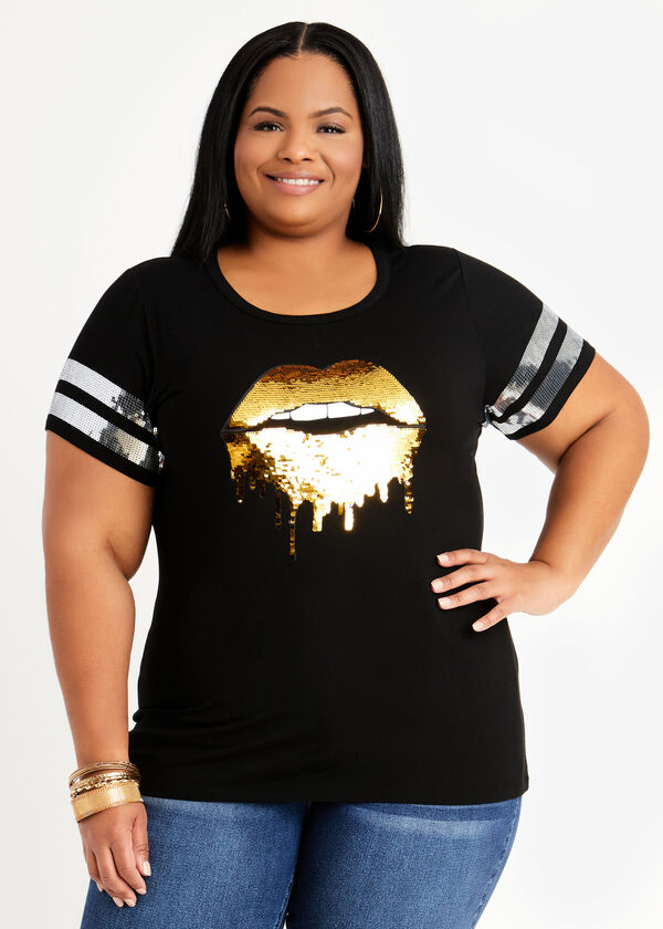 Sequin Dripping Lip Athletic Tee, Black image number 0