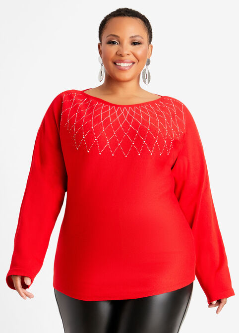 Plus Size Sexy Knitwear Stylish Dolman Sleeve Rhinestone Sweater image number 0
