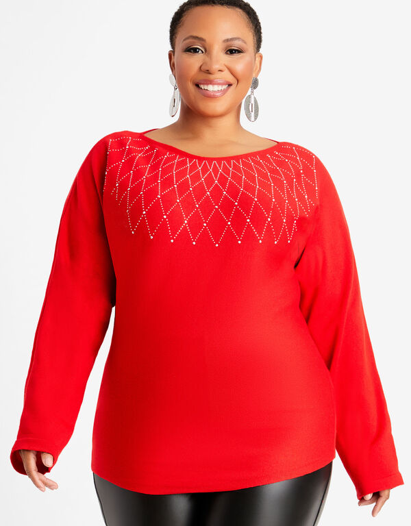 Rhinestone Dolman Sleeve Sweater, Barbados Cherry image number 0