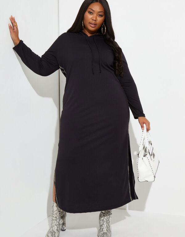 Camo Print Trimmed Hooded Dress, Black image number 0