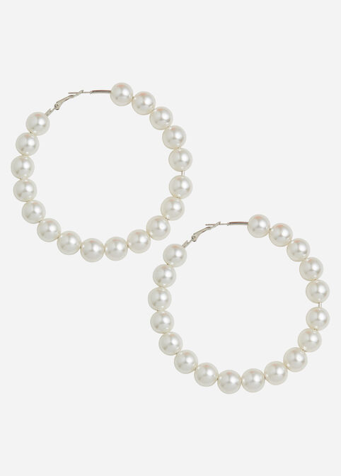 Pearl Hoop Earrings, Silver image number 0