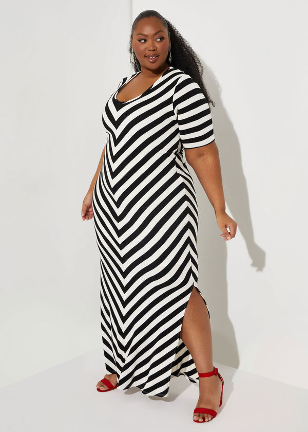Cutout Striped Maxi Dress, Black White image number 0