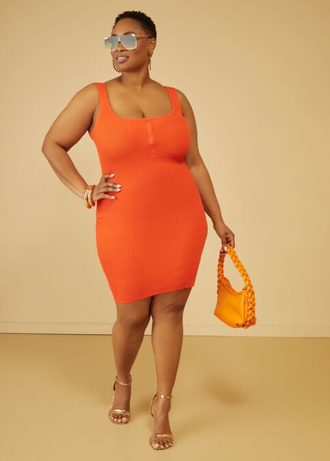 Zip Detailed Ribbed Bodycon Dress, Grenadine Orange image number 2