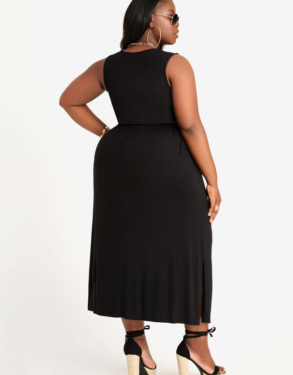 Short Belted Lattice Maxi Dress, Black image number 1