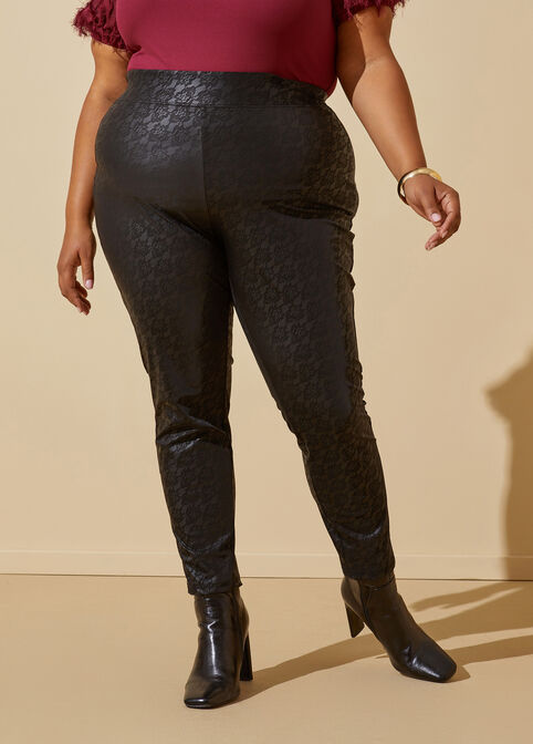 Lace Print Faux Leather Leggings, Black image number 5