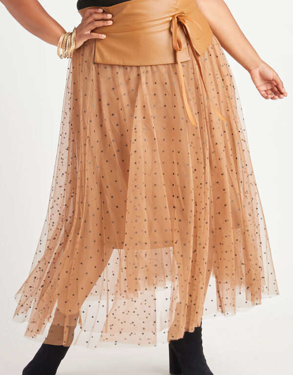 Belted Polka Dot Mesh Maxi Skirt, Tan image number 0