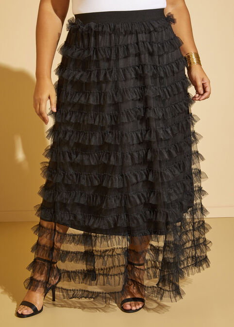Tiered Tulle Maxi Skirt, Black image number 3