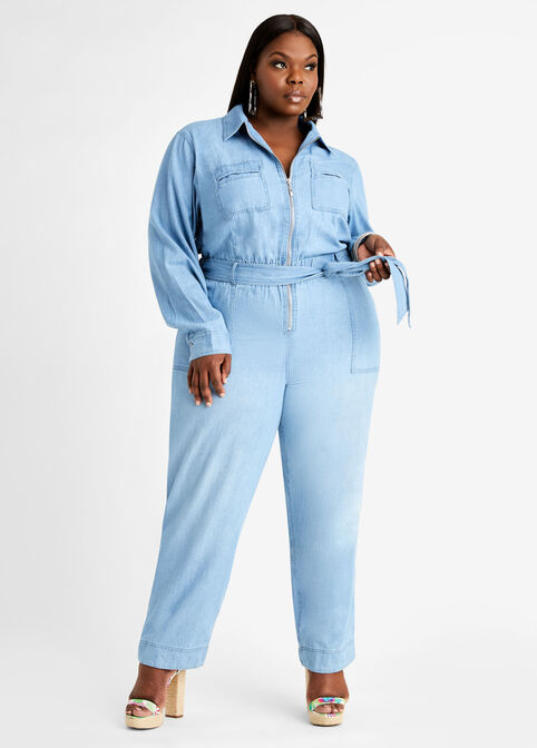 Belted Utility Chambray Jumpsuit, Medium Blue image number 0