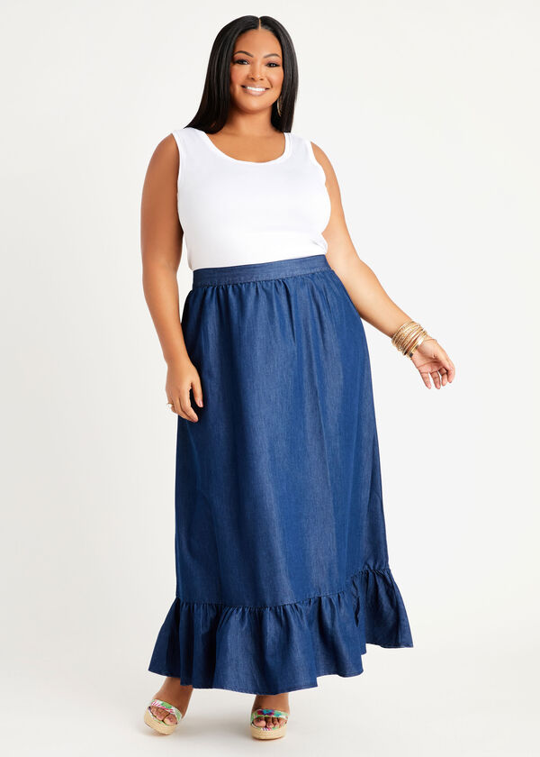 Ruffle Trimmed Chambray Maxi Skirt, Denim image number 2