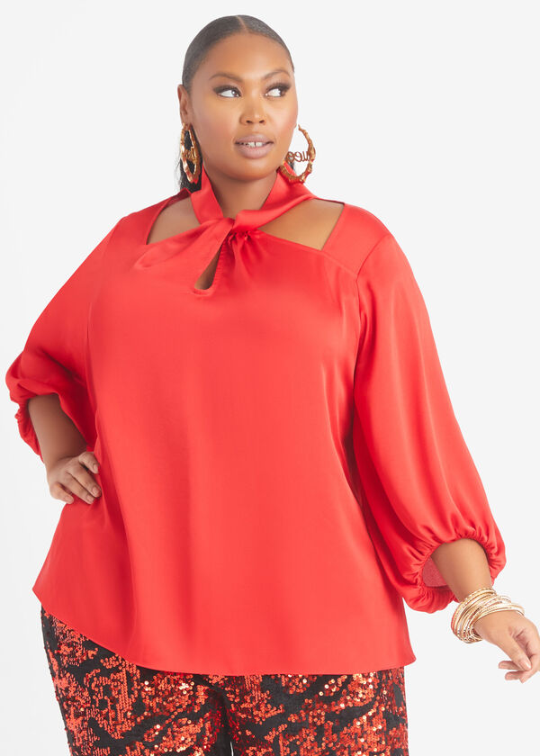 Cutout Hammered Satin Blouse, Barbados Cherry image number 0