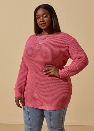 Distressed Ribbed Sweater, Pink Carnation image number 0