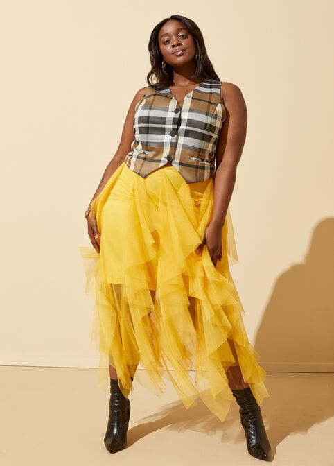 Tiered Tulle Midi Skirt, Spicy Mustard image number 3