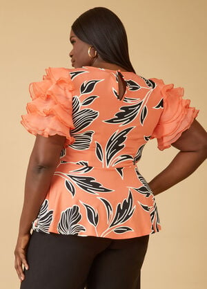 Ruffled Floral Print Peplum Top, LIVING CORAL image number 1