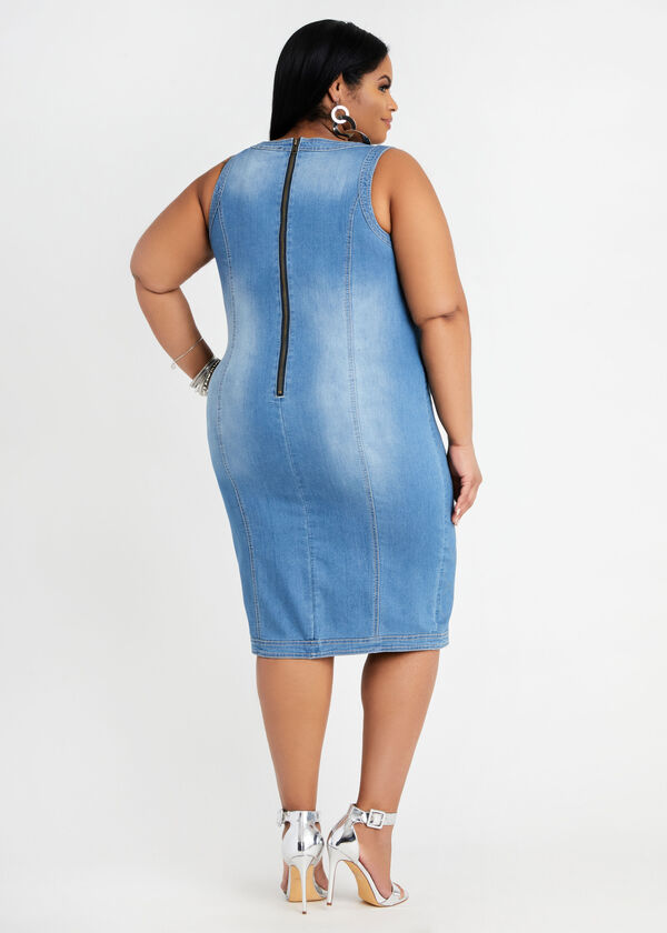 Studded Denim Bodycon Dress, Medium Blue image number 1