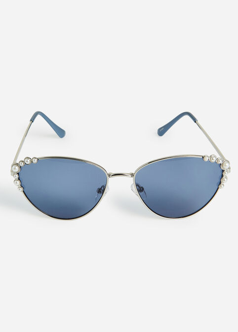 Blue Pearl Accent Cat Eye Sunglasses, Silver image number 1